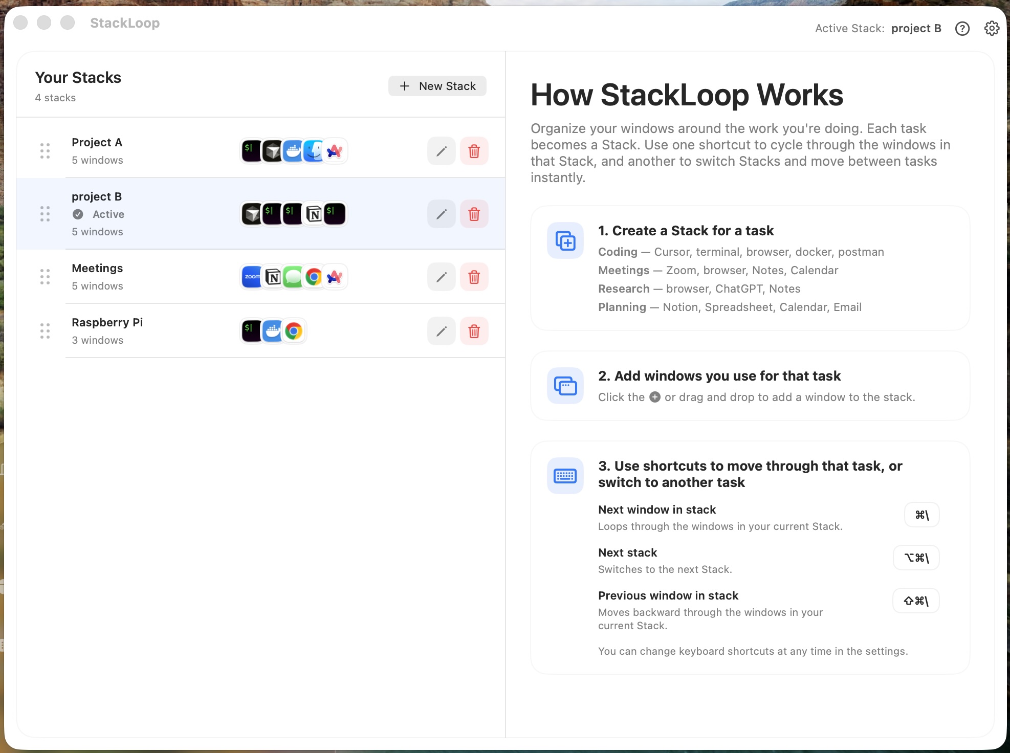 StackLoop showing stacks organized by project and task